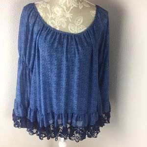 NWT 2tee Couture Denim Lace Western Top Boho